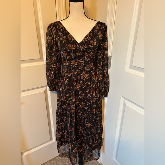 Floral Black and Brown Midi peasant long sleeve v neck Dress - Picture 2 of 8